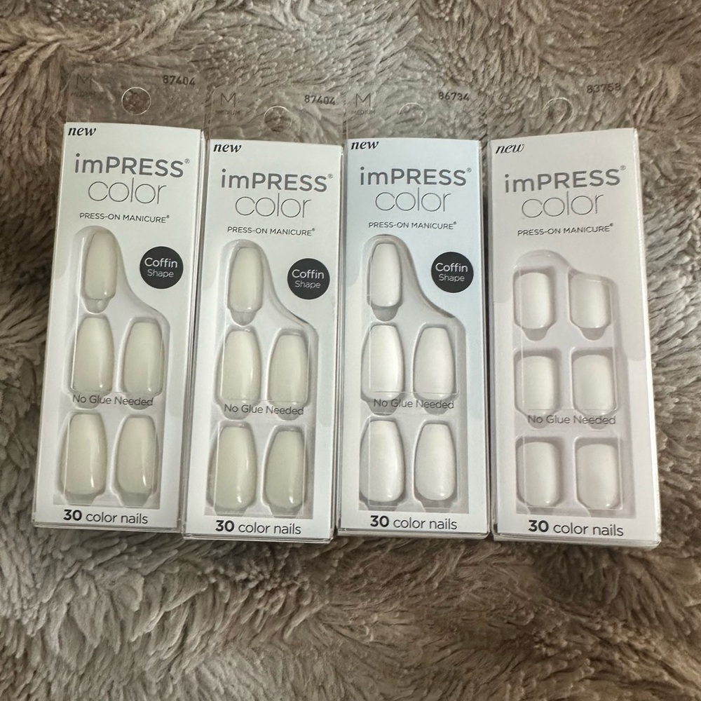 NIB NEW Set of 4 imPRESS Color Coffin & Square White Press-On Nails Manicure